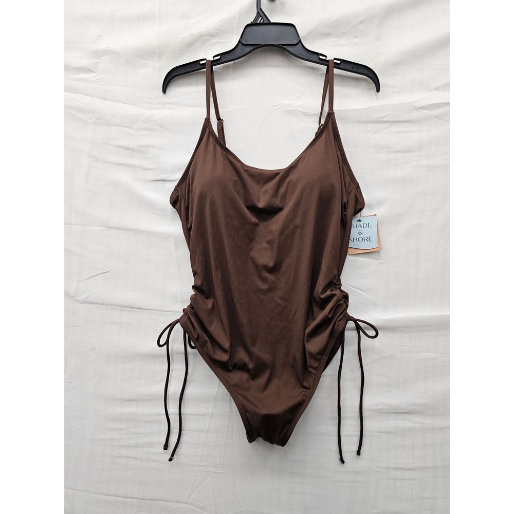 Shade & Shore Womens Ribbed One Piece Swimsuit Brown Polyester Blend Size XL
